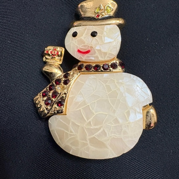 Vintage Liz Claiborne Snowman Brooch with Gold and Red Accents - Picture 2 of 4